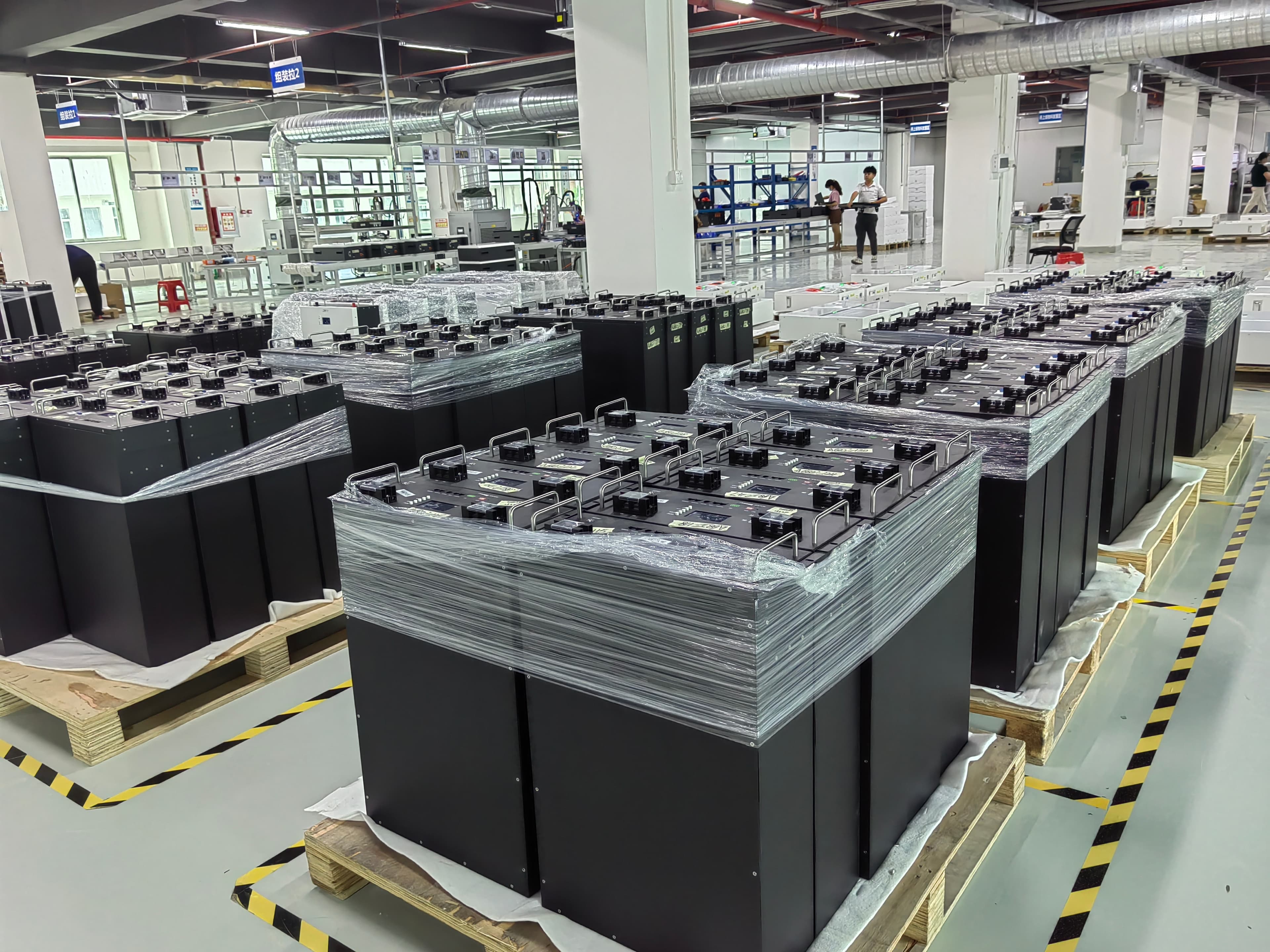 Finished battery units displayed in a manufacturing facility