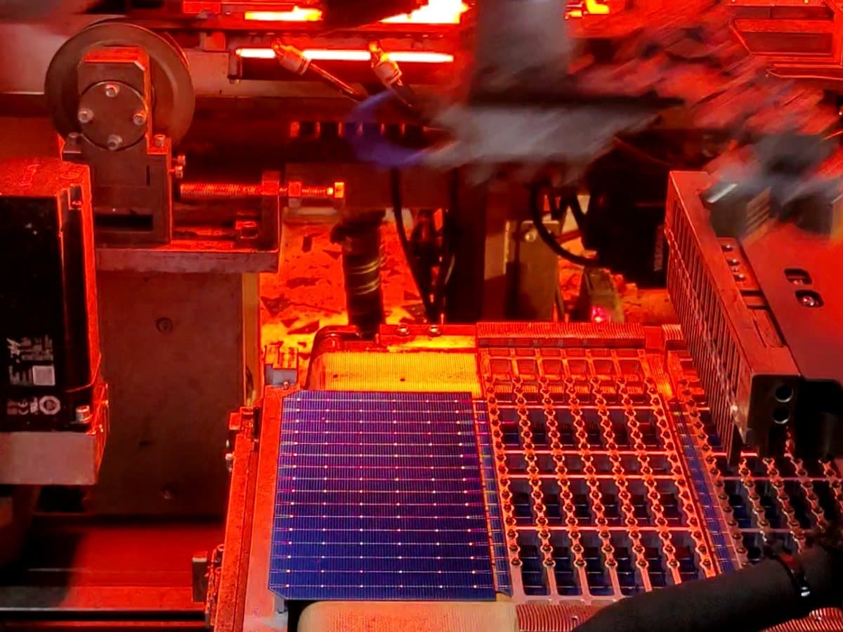 Solar cells moving through a cutting and handling line